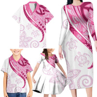 Rose Pink Polynesian Tribal Turtle Floral Pattern Family Matching Long Sleeve Bodycon Dress and Hawaiian Shirt LT05 - Polynesian Pride