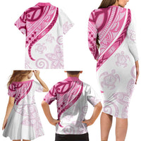 Rose Pink Polynesian Tribal Turtle Floral Pattern Family Matching Long Sleeve Bodycon Dress and Hawaiian Shirt LT05 - Polynesian Pride