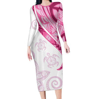 Rose Pink Polynesian Tribal Turtle Floral Pattern Family Matching Long Sleeve Bodycon Dress and Hawaiian Shirt LT05 Mom's Dress Pink - Polynesian Pride