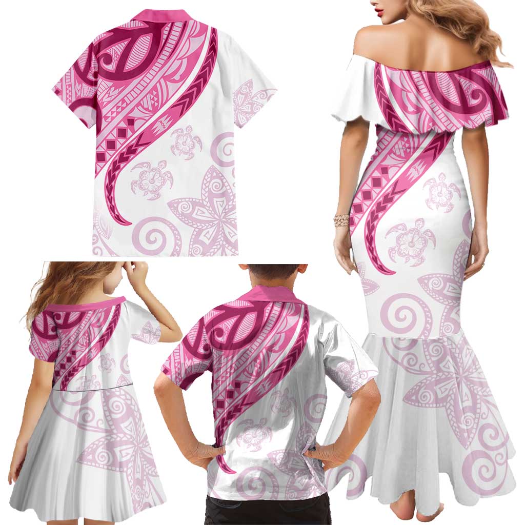 Rose Pink Polynesian Tribal Turtle Floral Pattern Family Matching Mermaid Dress and Hawaiian Shirt LT05 - Polynesian Pride
