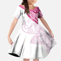 Rose Pink Polynesian Tribal Turtle Floral Pattern Family Matching Off The Shoulder Long Sleeve Dress and Hawaiian Shirt LT05 Daughter's Dress Pink - Polynesian Pride