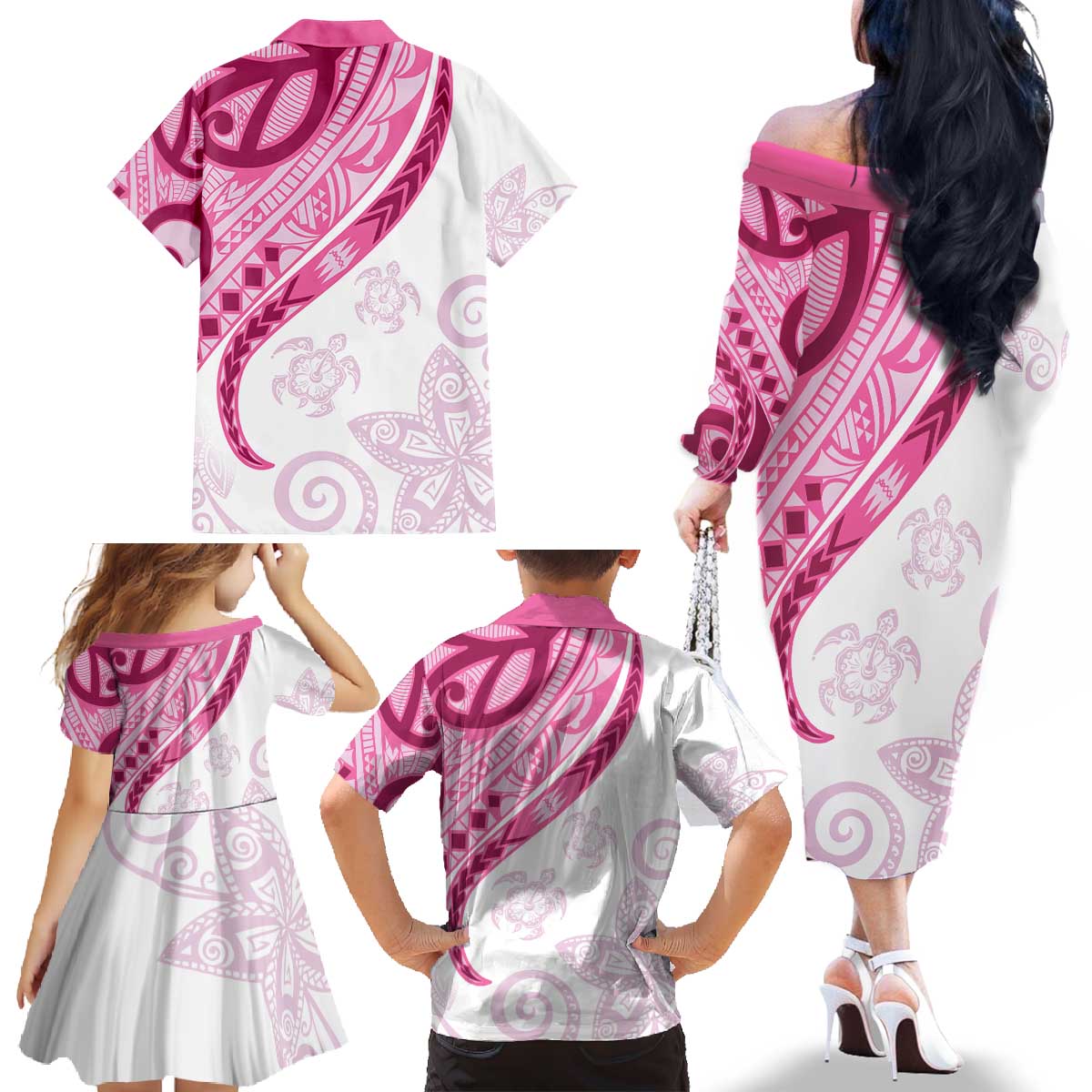 Rose Pink Polynesian Tribal Turtle Floral Pattern Family Matching Off The Shoulder Long Sleeve Dress and Hawaiian Shirt LT05 - Polynesian Pride