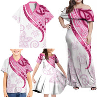 Rose Pink Polynesian Tribal Turtle Floral Pattern Family Matching Off Shoulder Maxi Dress and Hawaiian Shirt LT05 - Polynesian Pride