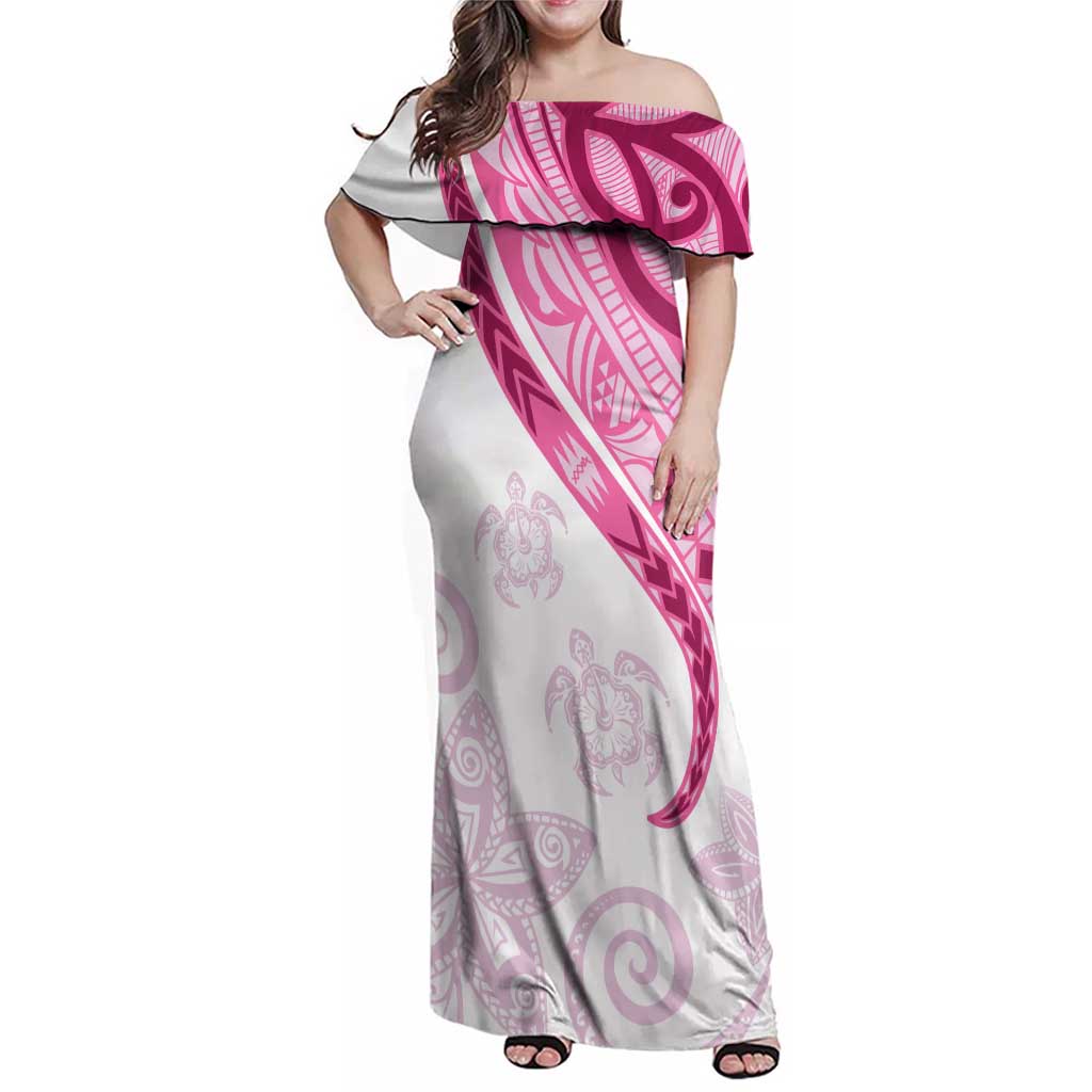 Rose Pink Polynesian Tribal Turtle Floral Pattern Family Matching Off Shoulder Maxi Dress and Hawaiian Shirt LT05 Mom's Dress Pink - Polynesian Pride
