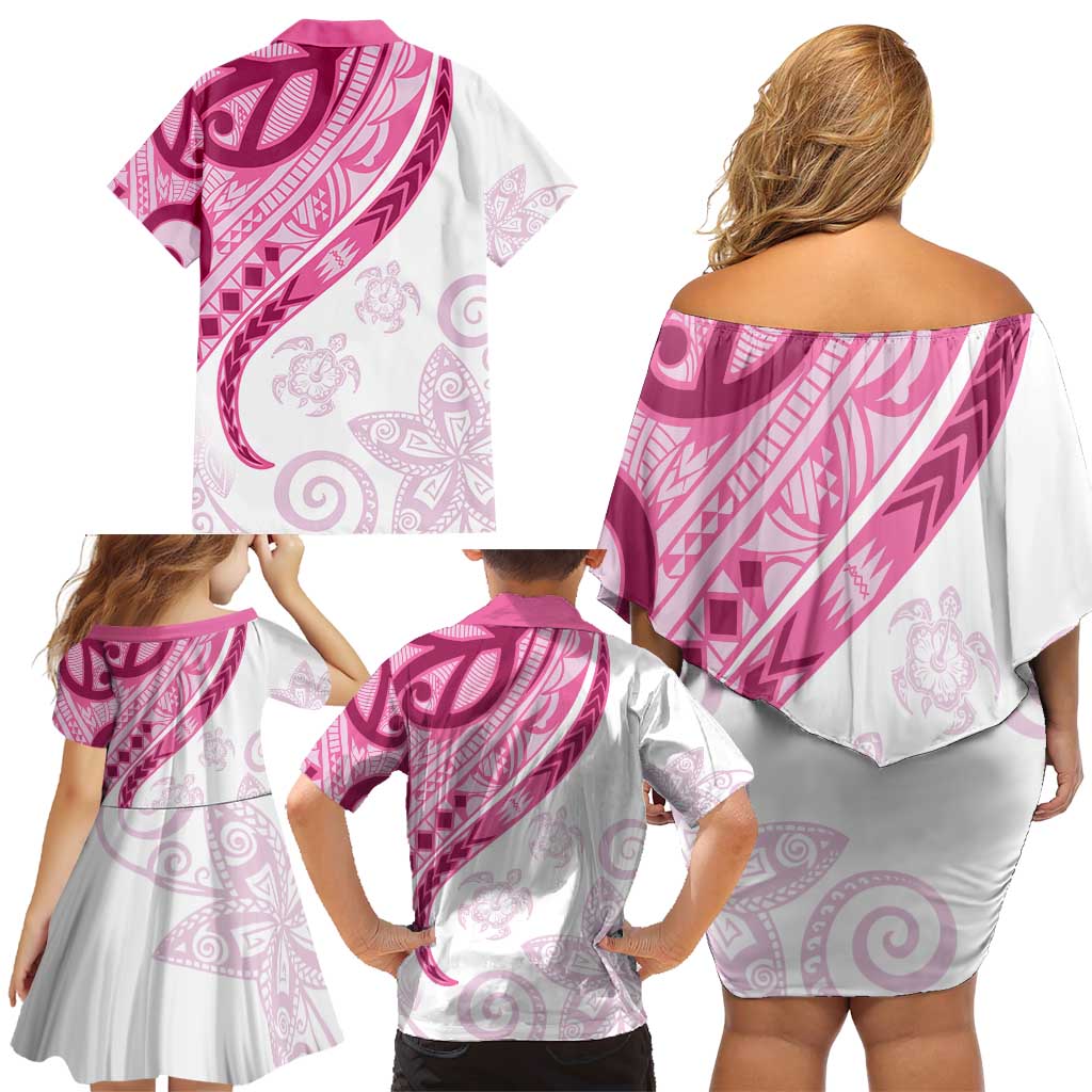 Rose Pink Polynesian Tribal Turtle Floral Pattern Family Matching Off Shoulder Short Dress and Hawaiian Shirt LT05 - Polynesian Pride