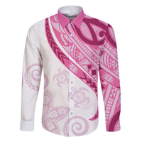Rose Pink Polynesian Tribal Turtle Floral Pattern Family Matching Short Sleeve Bodycon Dress and Hawaiian Shirt LT05 Dad's Shirt - Long Sleeve Pink - Polynesian Pride