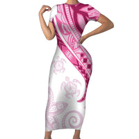 Rose Pink Polynesian Tribal Turtle Floral Pattern Family Matching Short Sleeve Bodycon Dress and Hawaiian Shirt LT05 Mom's Dress Pink - Polynesian Pride
