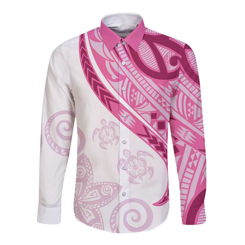 Rose Pink Polynesian Tribal Turtle Floral Pattern Long Sleeve Button Shirt