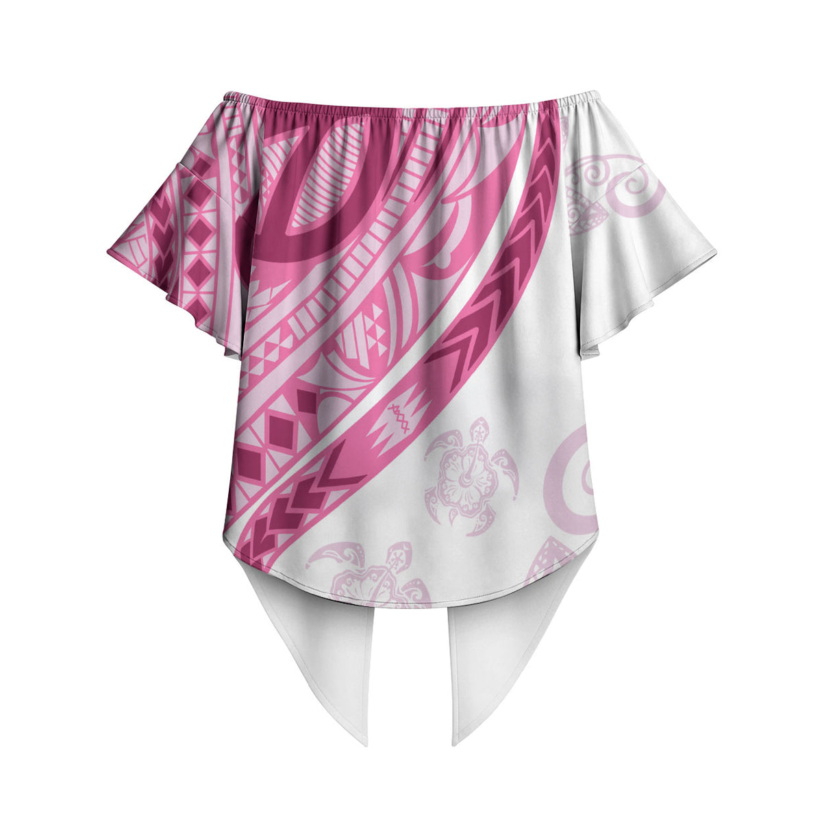 Rose Pink Polynesian Tribal Turtle Floral Pattern Off Shoulder Wrap Waist Top LT05 - Polynesian Pride