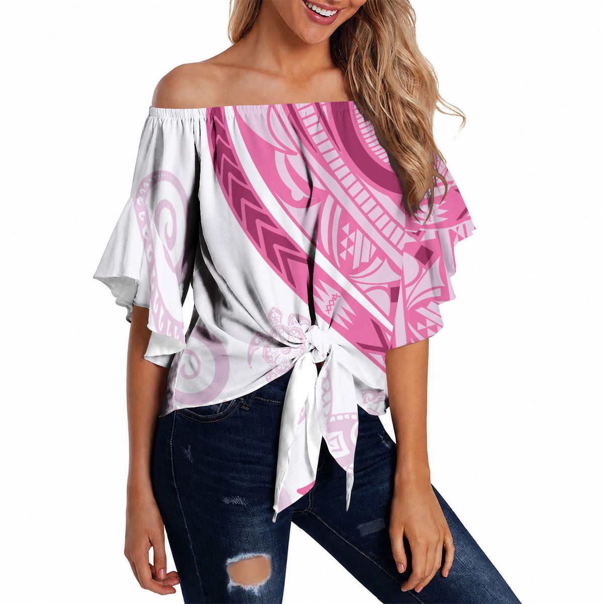 Rose Pink Polynesian Tribal Turtle Floral Pattern Off Shoulder Wrap Waist Top LT05 - Polynesian Pride