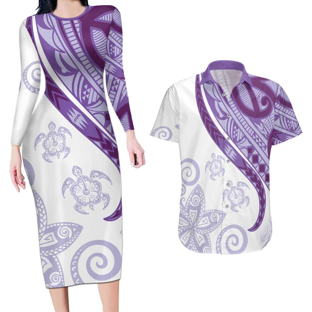 Purple Polynesian Tribal Turtle Floral Pattern Couples Matching Long Sleeve Bodycon Dress and Hawaiian Shirt LT05 Purple - Polynesian Pride