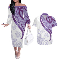 Purple Polynesian Tribal Turtle Floral Pattern Couples Matching Off The Shoulder Long Sleeve Dress and Hawaiian Shirt LT05 Purple - Polynesian Pride