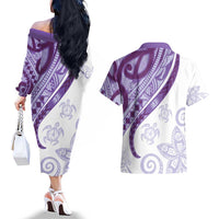 Purple Polynesian Tribal Turtle Floral Pattern Couples Matching Off The Shoulder Long Sleeve Dress and Hawaiian Shirt LT05 - Polynesian Pride