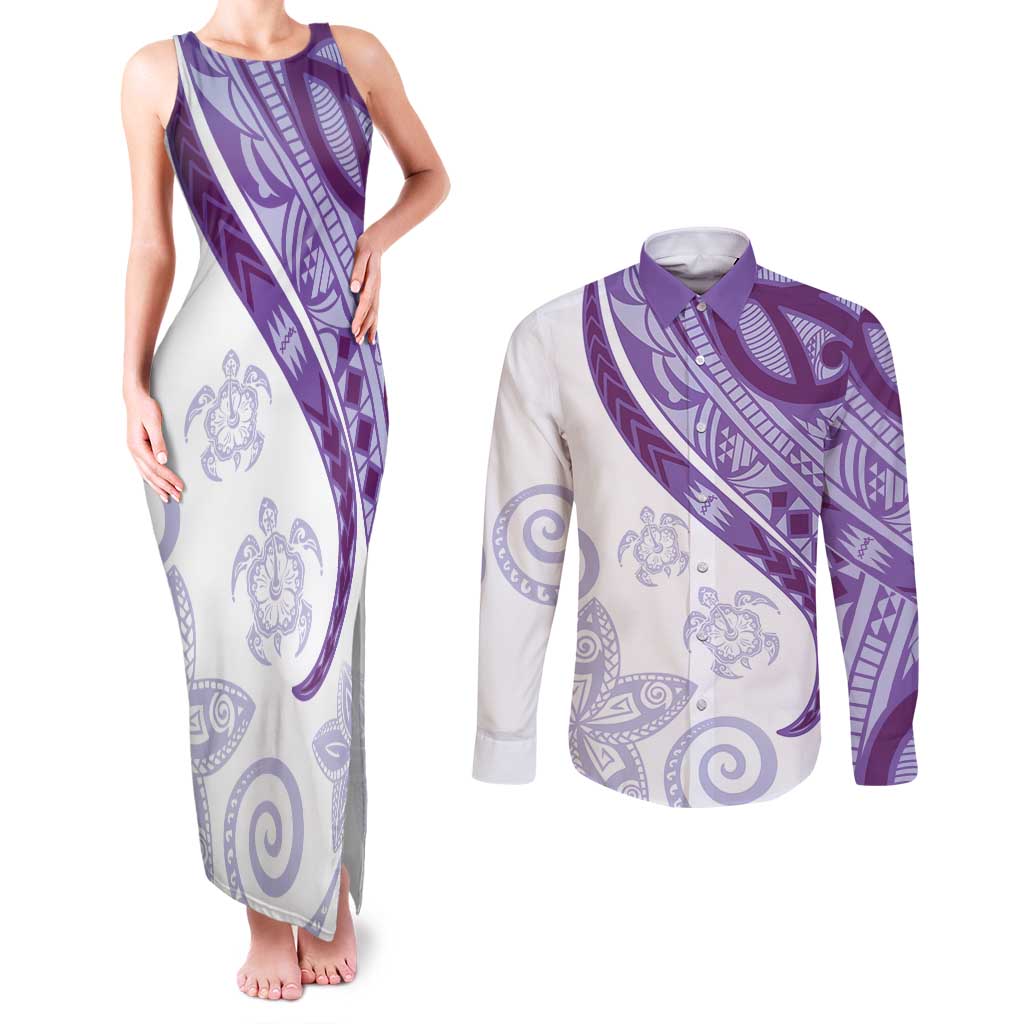 Purple Polynesian Tribal Turtle Floral Pattern Couples Matching Tank Maxi Dress and Long Sleeve Button Shirt LT05 Purple - Polynesian Pride
