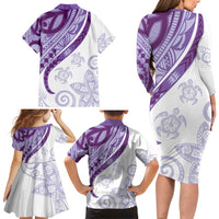 Purple Polynesian Tribal Turtle Floral Pattern Family Matching Long Sleeve Bodycon Dress and Hawaiian Shirt LT05 - Polynesian Pride