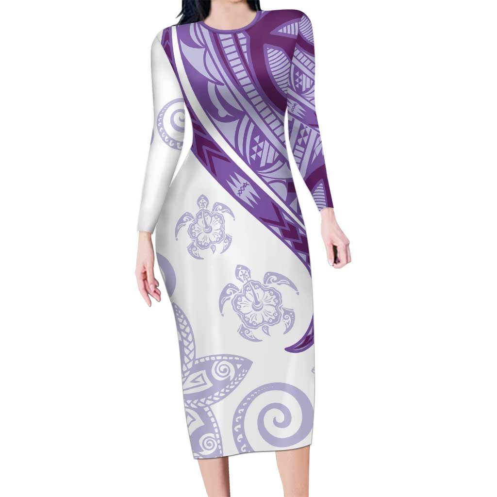 Purple Polynesian Tribal Turtle Floral Pattern Family Matching Long Sleeve Bodycon Dress and Hawaiian Shirt LT05 Mom's Dress Purple - Polynesian Pride