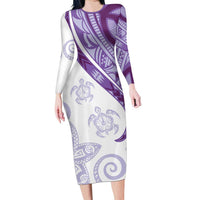Purple Polynesian Tribal Turtle Floral Pattern Family Matching Long Sleeve Bodycon Dress and Hawaiian Shirt LT05 Mom's Dress Purple - Polynesian Pride