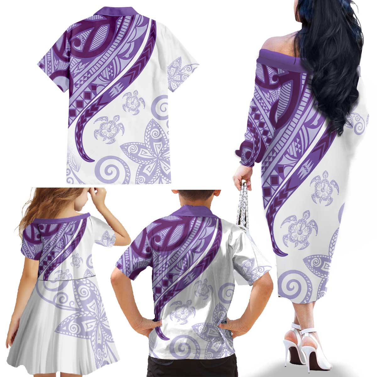 Purple Polynesian Tribal Turtle Floral Pattern Family Matching Off The Shoulder Long Sleeve Dress and Hawaiian Shirt LT05 - Polynesian Pride