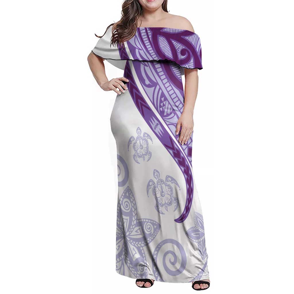 Purple Polynesian Tribal Turtle Floral Pattern Family Matching Off Shoulder Maxi Dress and Hawaiian Shirt LT05 Mom's Dress Purple - Polynesian Pride