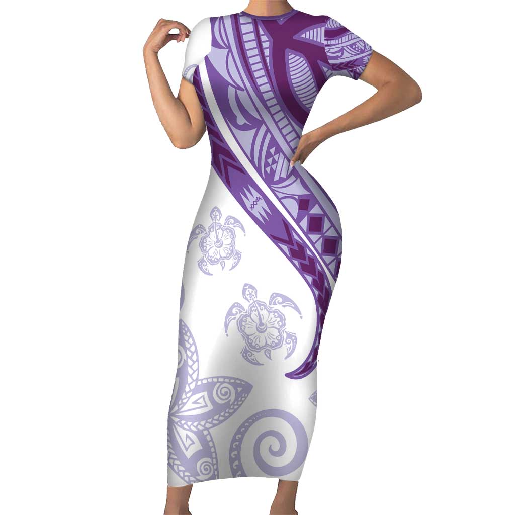 Purple Polynesian Tribal Turtle Floral Pattern Family Matching Short Sleeve Bodycon Dress and Hawaiian Shirt LT05 Mom's Dress Purple - Polynesian Pride