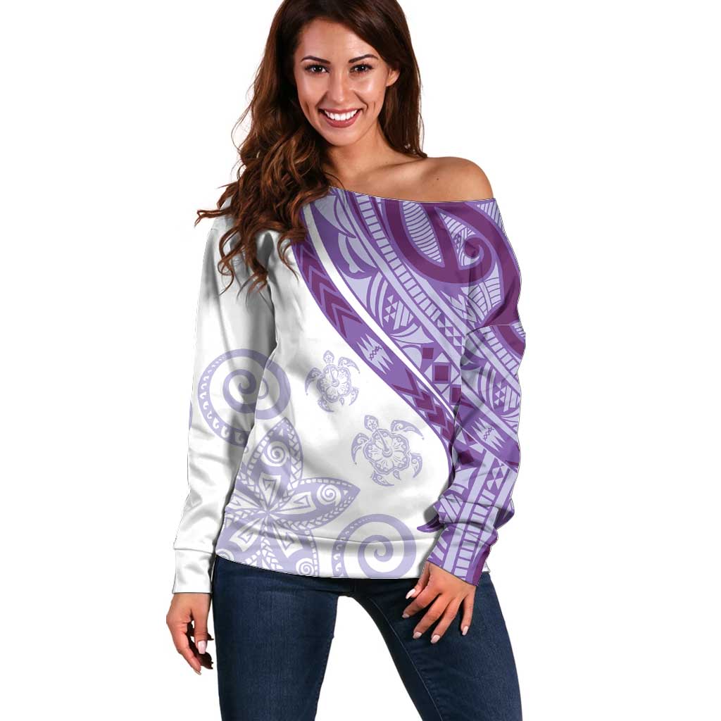 Purple Polynesian Tribal Turtle Floral Pattern Off Shoulder Sweater LT05 Women Purple - Polynesian Pride