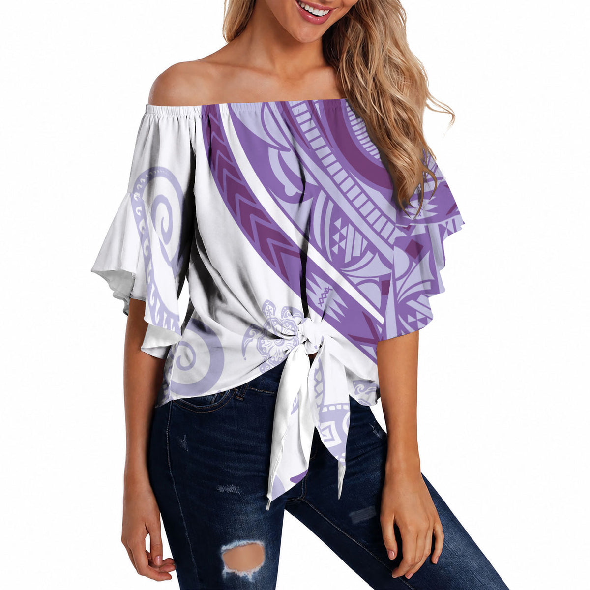 Purple Polynesian Tribal Turtle Floral Pattern Off Shoulder Wrap Waist Top LT05 - Polynesian Pride
