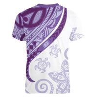 Purple Polynesian Tribal Turtle Floral Pattern Women V-Neck T-Shirt LT05 - Polynesian Pride