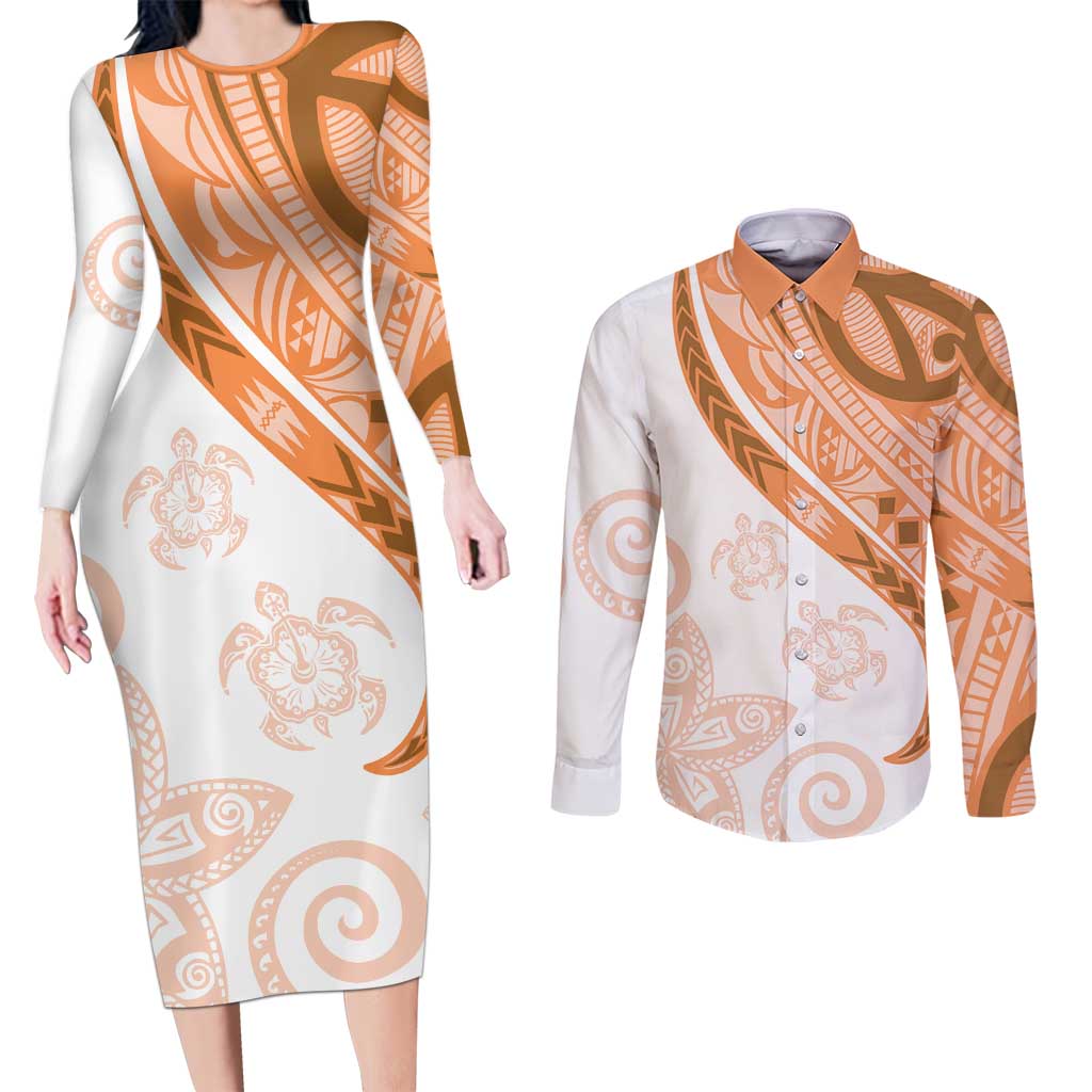 Orange Polynesian Tribal Turtle Floral Pattern Couples Matching Long Sleeve Bodycon Dress and Long Sleeve Button Shirt LT05 Orange - Polynesian Pride