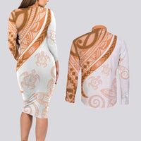 Orange Polynesian Tribal Turtle Floral Pattern Couples Matching Long Sleeve Bodycon Dress and Long Sleeve Button Shirt LT05 - Polynesian Pride