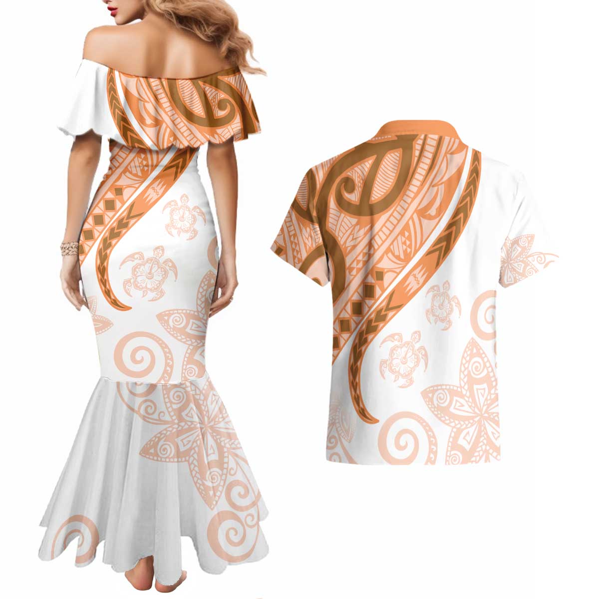 Orange Polynesian Tribal Turtle Floral Pattern Couples Matching Mermaid Dress and Hawaiian Shirt