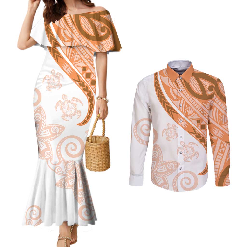 Orange Polynesian Tribal Turtle Floral Pattern Couples Matching Mermaid Dress and Long Sleeve Button Shirt LT05 Orange - Polynesian Pride