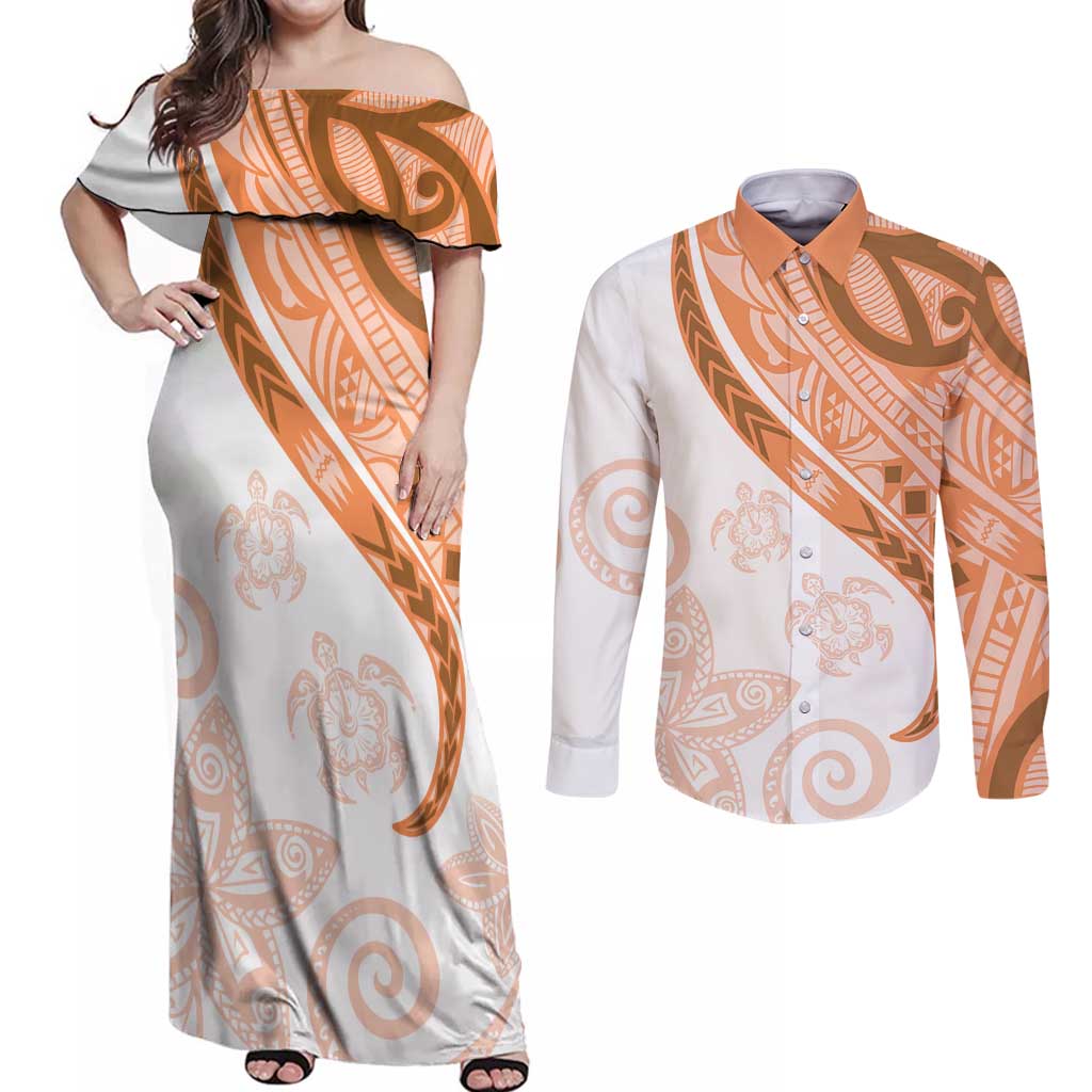 Orange Polynesian Tribal Turtle Floral Pattern Couples Matching Off Shoulder Maxi Dress and Long Sleeve Button Shirt LT05 Orange - Polynesian Pride