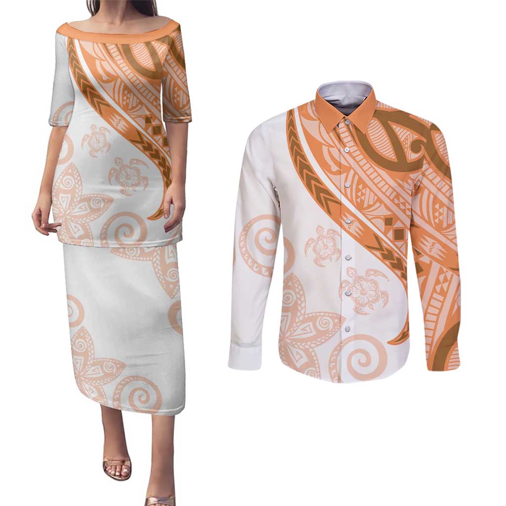 Orange Polynesian Tribal Turtle Floral Pattern Couples Matching Puletasi and Long Sleeve Button Shirt LT05 Orange - Polynesian Pride