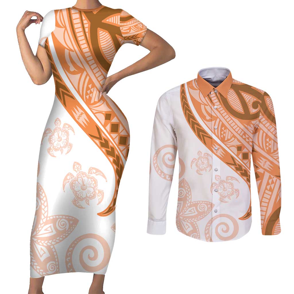 Orange Polynesian Tribal Turtle Floral Pattern Couples Matching Short Sleeve Bodycon Dress and Long Sleeve Button Shirt LT05 Orange - Polynesian Pride