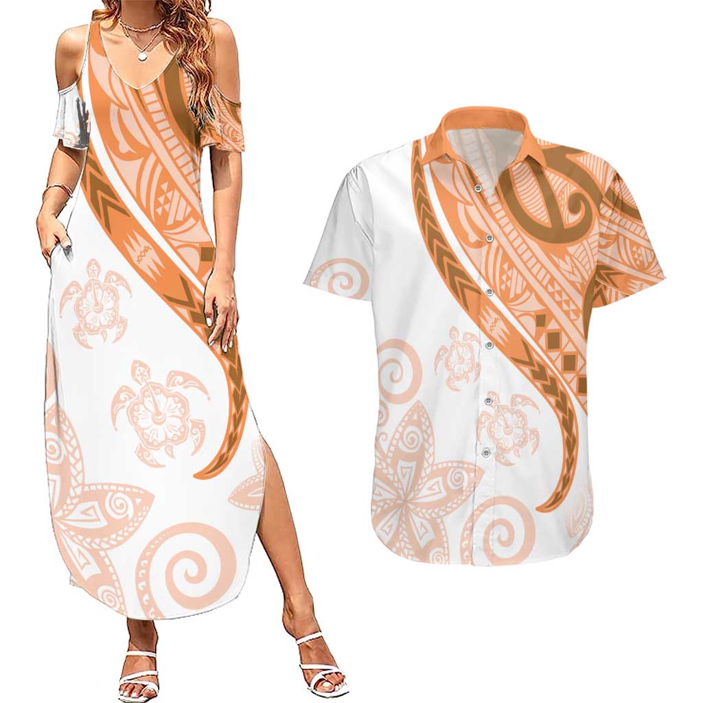 Orange Polynesian Tribal Turtle Floral Pattern Couples Matching Summer Maxi Dress and Hawaiian Shirt LT05 Orange - Polynesian Pride