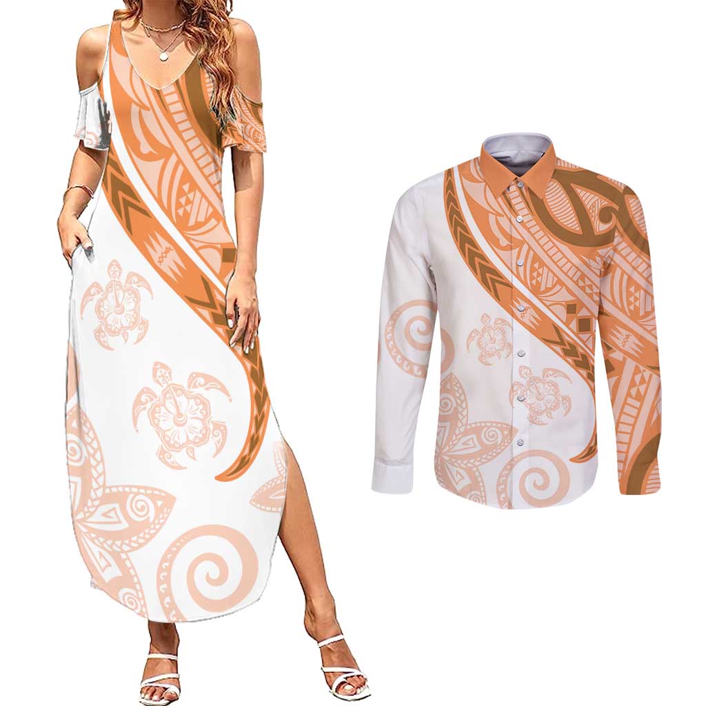 Orange Polynesian Tribal Turtle Floral Pattern Couples Matching Summer Maxi Dress and Long Sleeve Button Shirt LT05 Orange - Polynesian Pride
