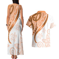 Orange Polynesian Tribal Turtle Floral Pattern Couples Matching Tank Maxi Dress and Hawaiian Shirt LT05 - Polynesian Pride