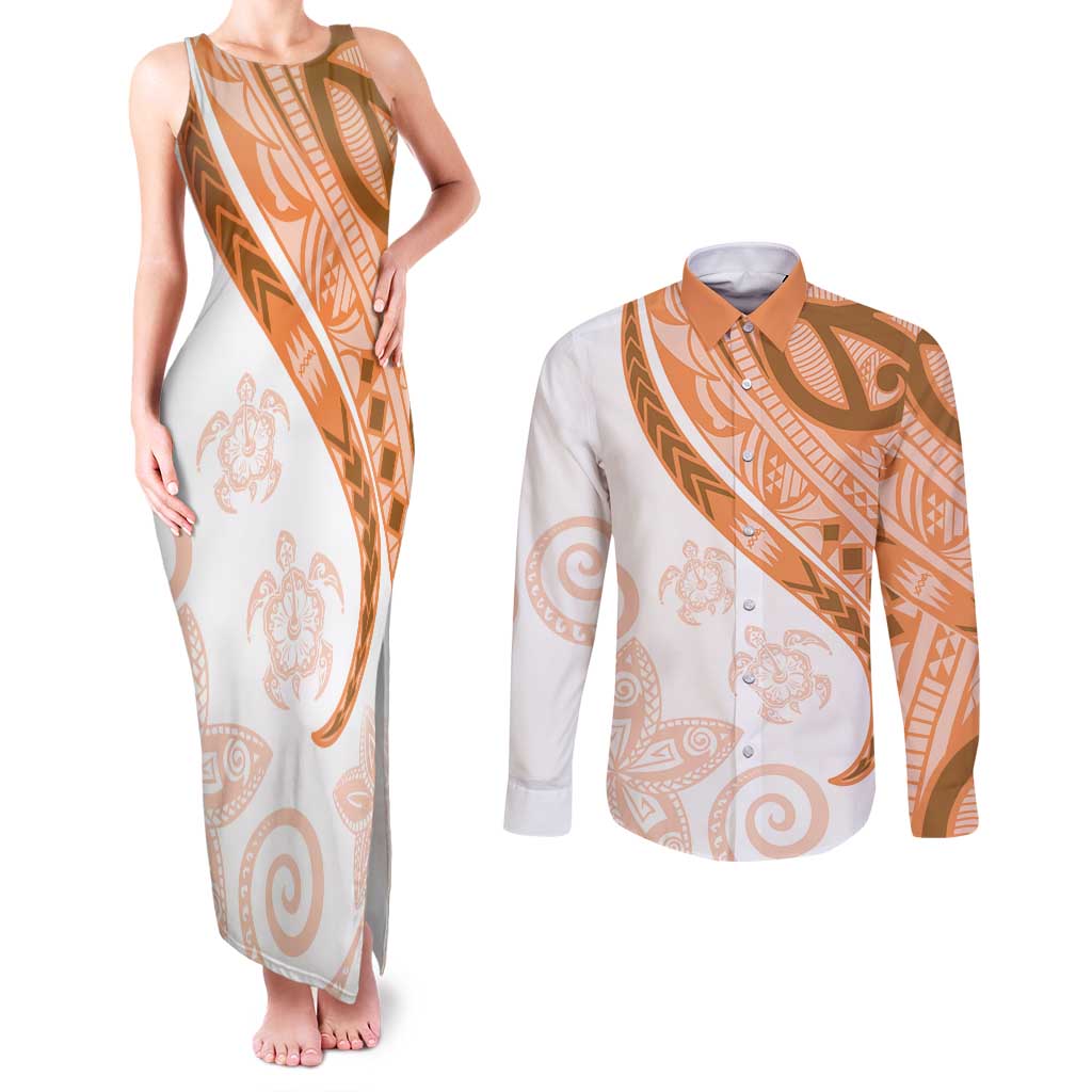 Orange Polynesian Tribal Turtle Floral Pattern Couples Matching Tank Maxi Dress and Long Sleeve Button Shirt LT05 Orange - Polynesian Pride