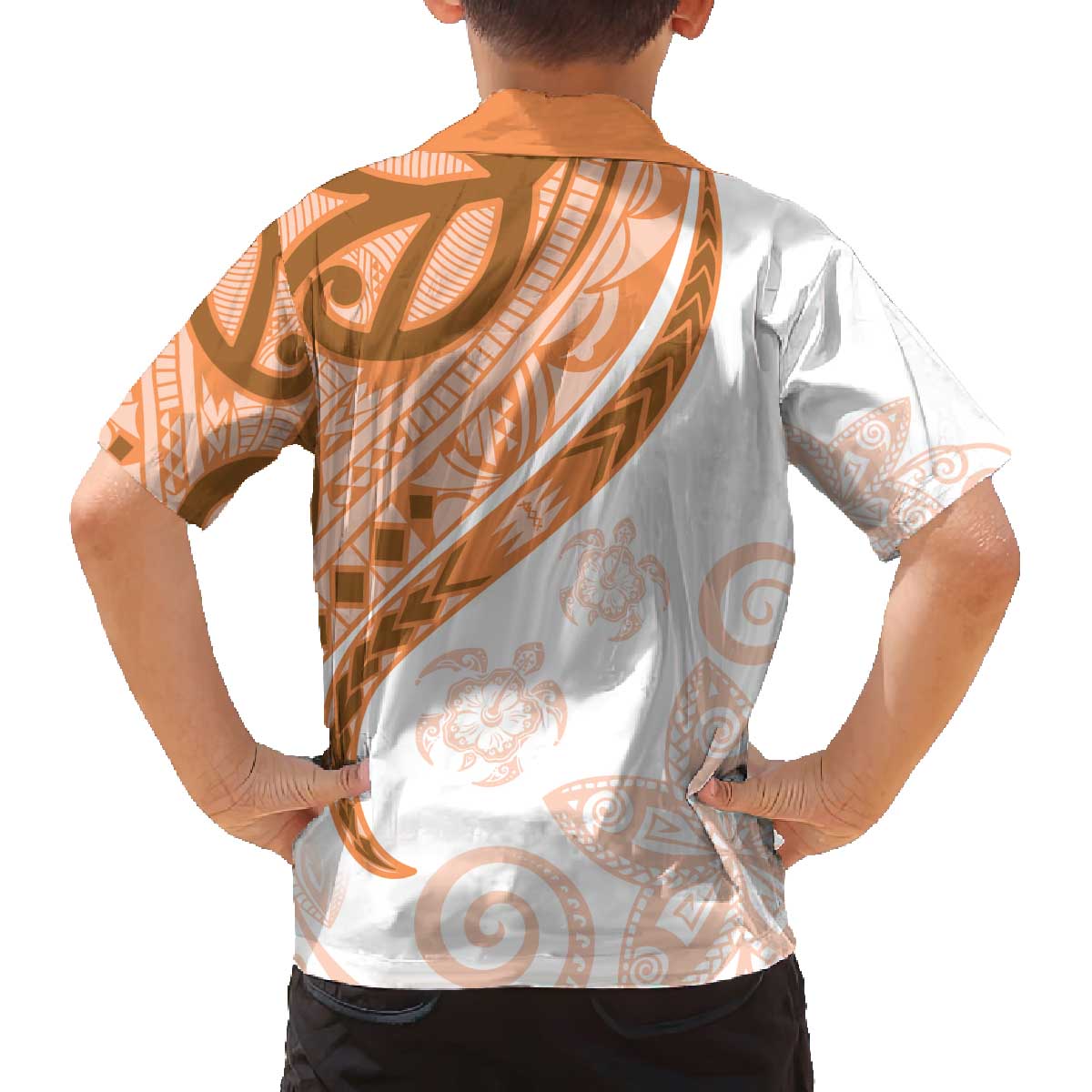 Orange Polynesian Tribal Turtle Floral Pattern Family Matching Off The Shoulder Long Sleeve Dress and Hawaiian Shirt LT05 - Polynesian Pride
