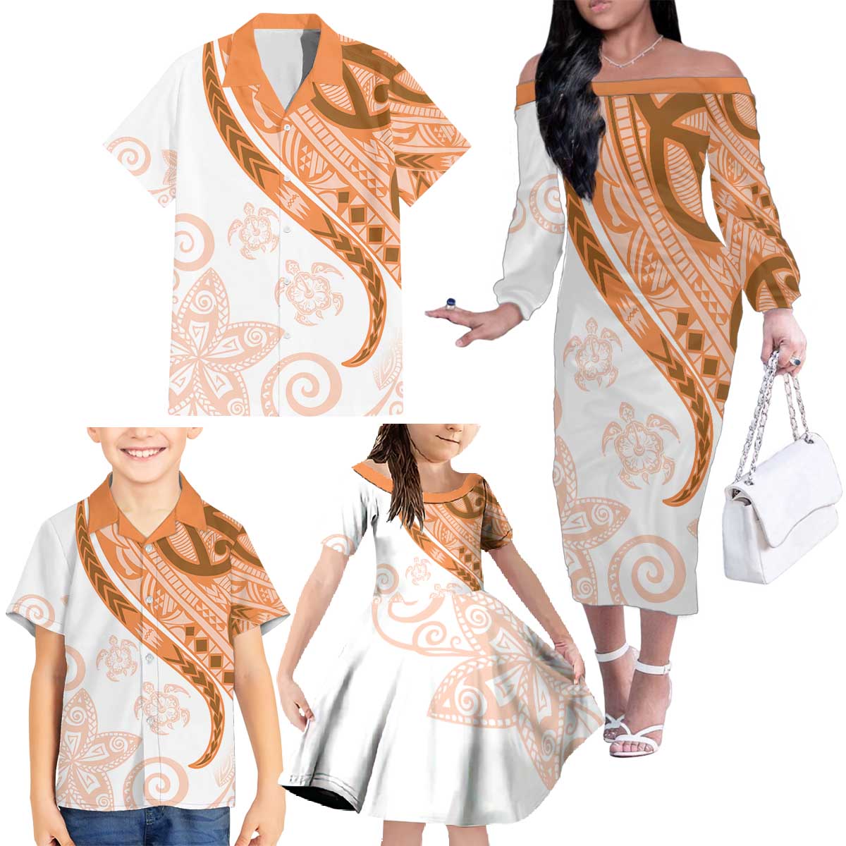 Orange Polynesian Tribal Turtle Floral Pattern Family Matching Off The Shoulder Long Sleeve Dress and Hawaiian Shirt LT05 - Polynesian Pride