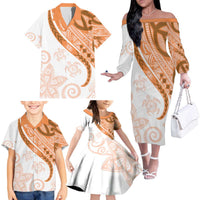 Orange Polynesian Tribal Turtle Floral Pattern Family Matching Off The Shoulder Long Sleeve Dress and Hawaiian Shirt LT05 - Polynesian Pride