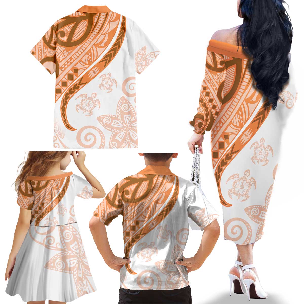 Orange Polynesian Tribal Turtle Floral Pattern Family Matching Off The Shoulder Long Sleeve Dress and Hawaiian Shirt LT05 - Polynesian Pride