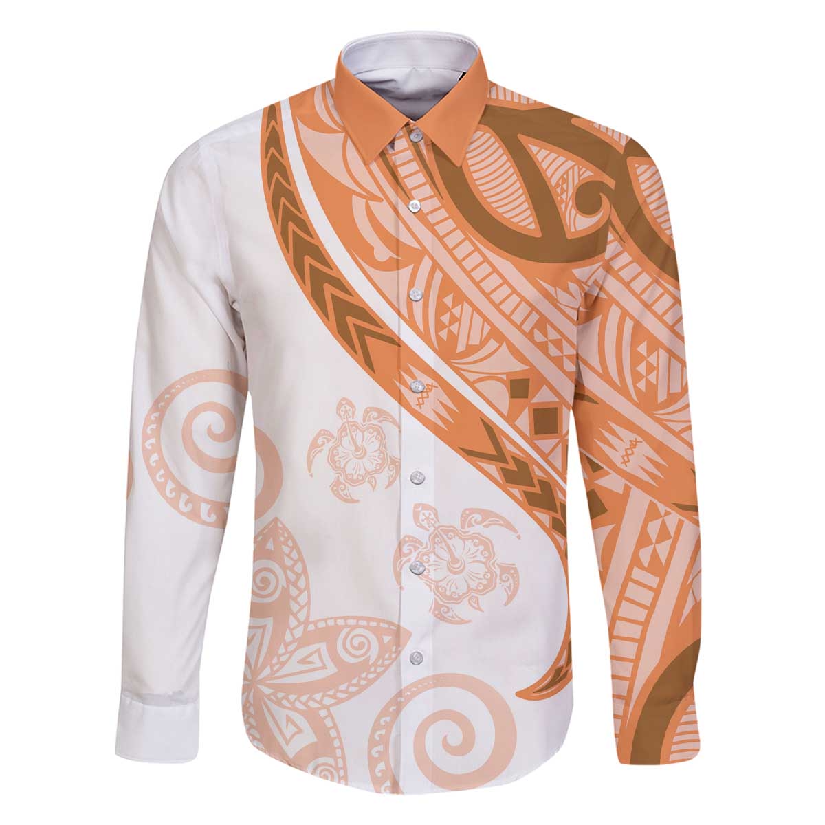 Orange Polynesian Tribal Turtle Floral Pattern Family Matching Off The Shoulder Long Sleeve Dress and Hawaiian Shirt LT05 Dad's Shirt - Long Sleeve Orange - Polynesian Pride