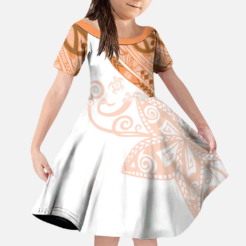 Orange Polynesian Tribal Turtle Floral Pattern Family Matching Off Shoulder Maxi Dress and Hawaiian Shirt LT05 Daughter's Dress Orange - Polynesian Pride