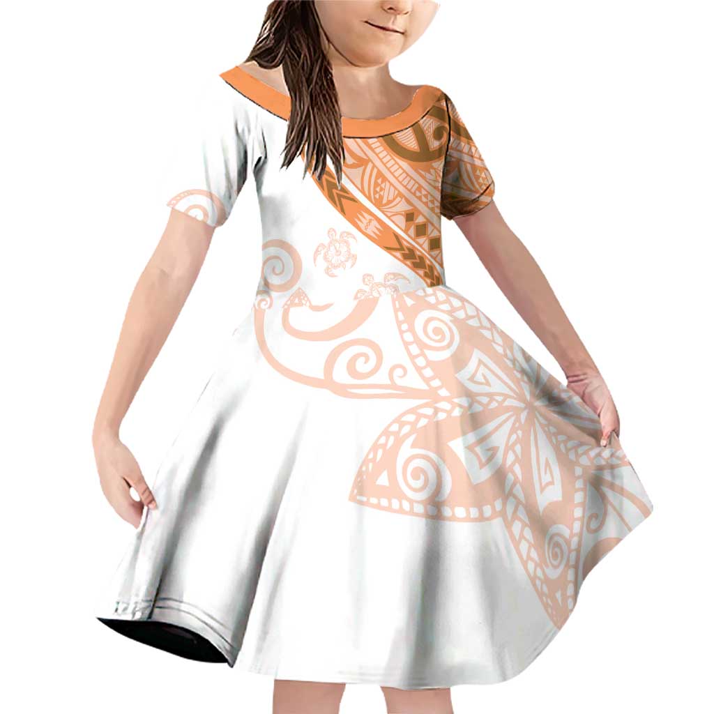 Orange Polynesian Tribal Turtle Floral Pattern Family Matching Off Shoulder Short Dress and Hawaiian Shirt LT05 Daughter's Dress Orange - Polynesian Pride