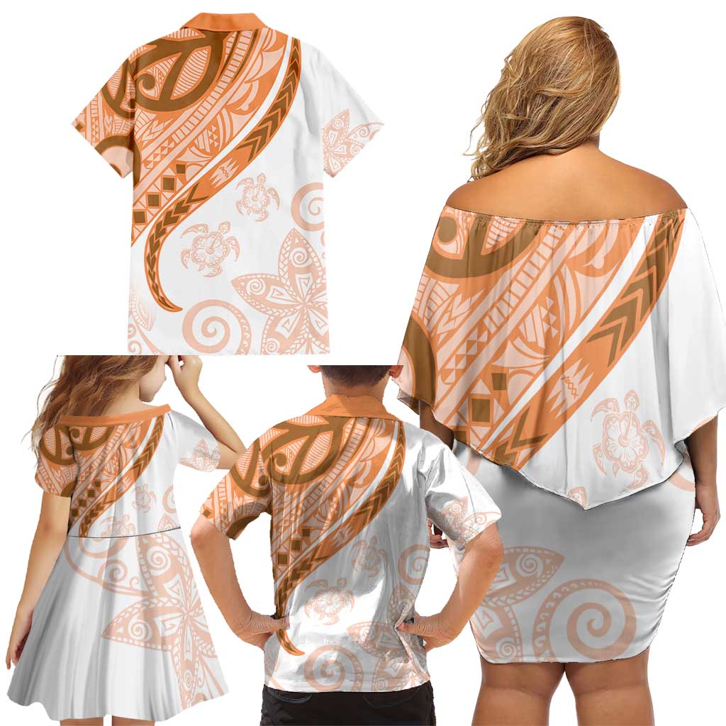 Orange Polynesian Tribal Turtle Floral Pattern Family Matching Off Shoulder Short Dress and Hawaiian Shirt LT05 - Polynesian Pride