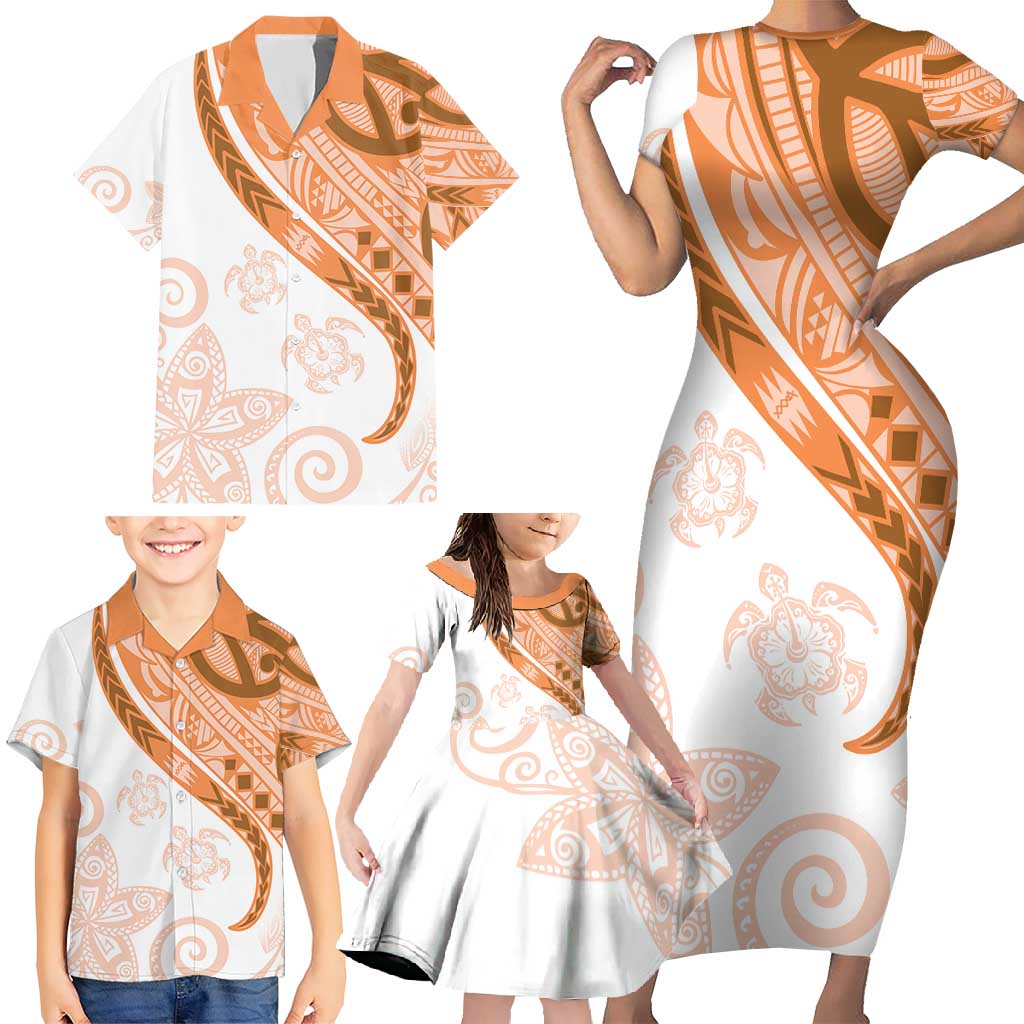 Orange Polynesian Tribal Turtle Floral Pattern Family Matching Short Sleeve Bodycon Dress and Hawaiian Shirt LT05 - Polynesian Pride