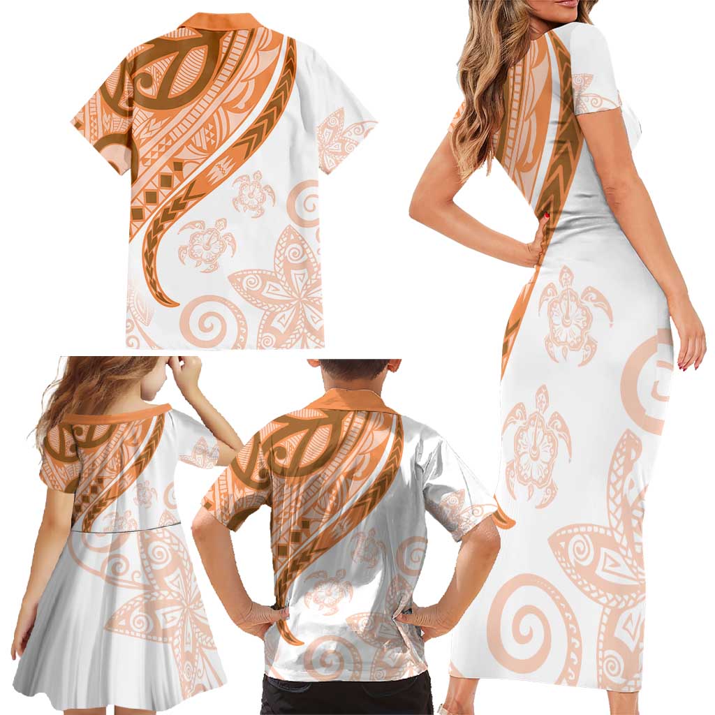 Orange Polynesian Tribal Turtle Floral Pattern Family Matching Short Sleeve Bodycon Dress and Hawaiian Shirt LT05 - Polynesian Pride