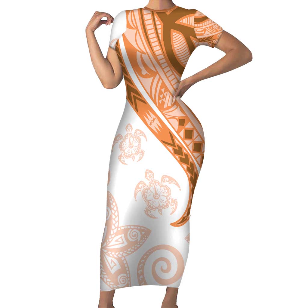 Orange Polynesian Tribal Turtle Floral Pattern Short Sleeve Bodycon Dress LT05 Long Dress Orange - Polynesian Pride