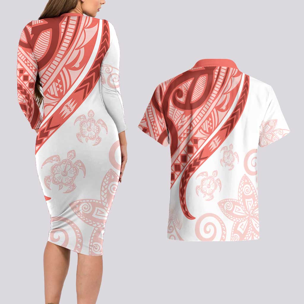 Coral Red Polynesian Tribal Turtle Floral Pattern Couples Matching Long Sleeve Bodycon Dress and Hawaiian Shirt LT05 - Polynesian Pride